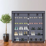7-tier portable shoe rack with gray fabric cover closed