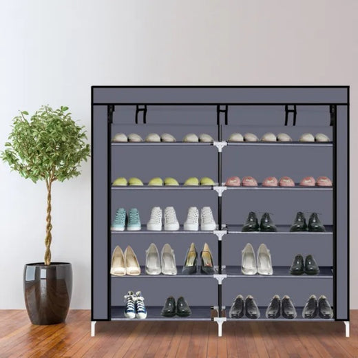 7-tier portable shoe rack with gray fabric cover closed