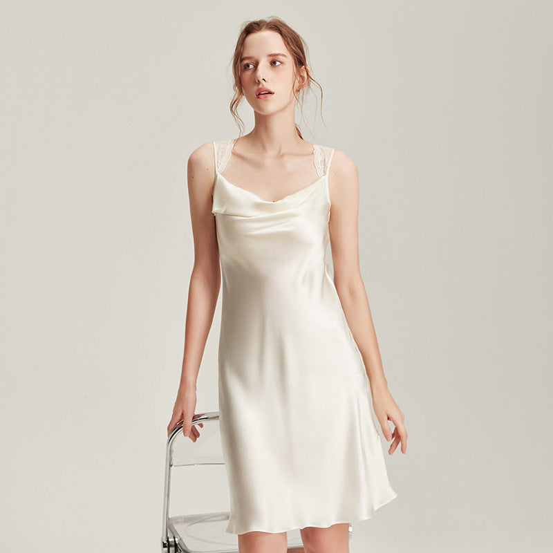 Mulberry silk midi slip nightgown with lace trim, photo 3