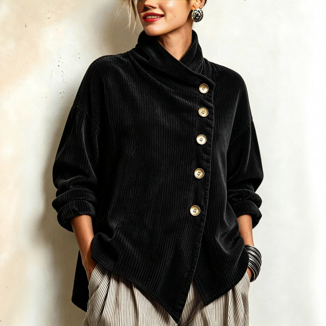 retro French-style, relaxed fit, loose high-neck, asymmetrical corduroy top