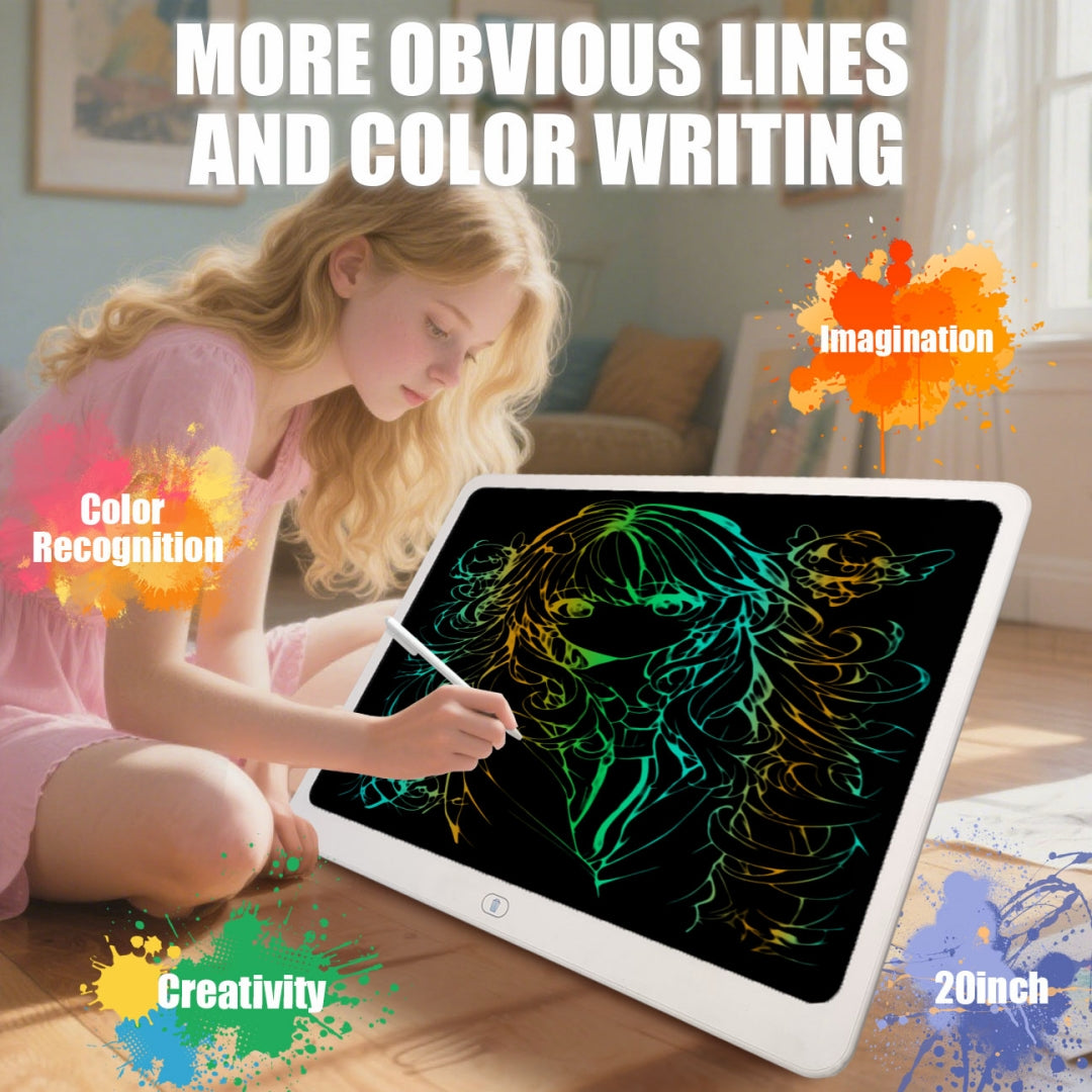 Girl drawing a colorful portrait on the 20 inch LCD writing tablet