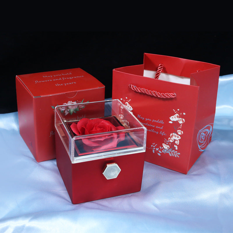 Red soap rose jewelry gift box with matching red paper box and gift bag