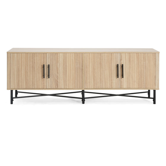 Natural wood four-door TV cabinet on a black metal frame, front view