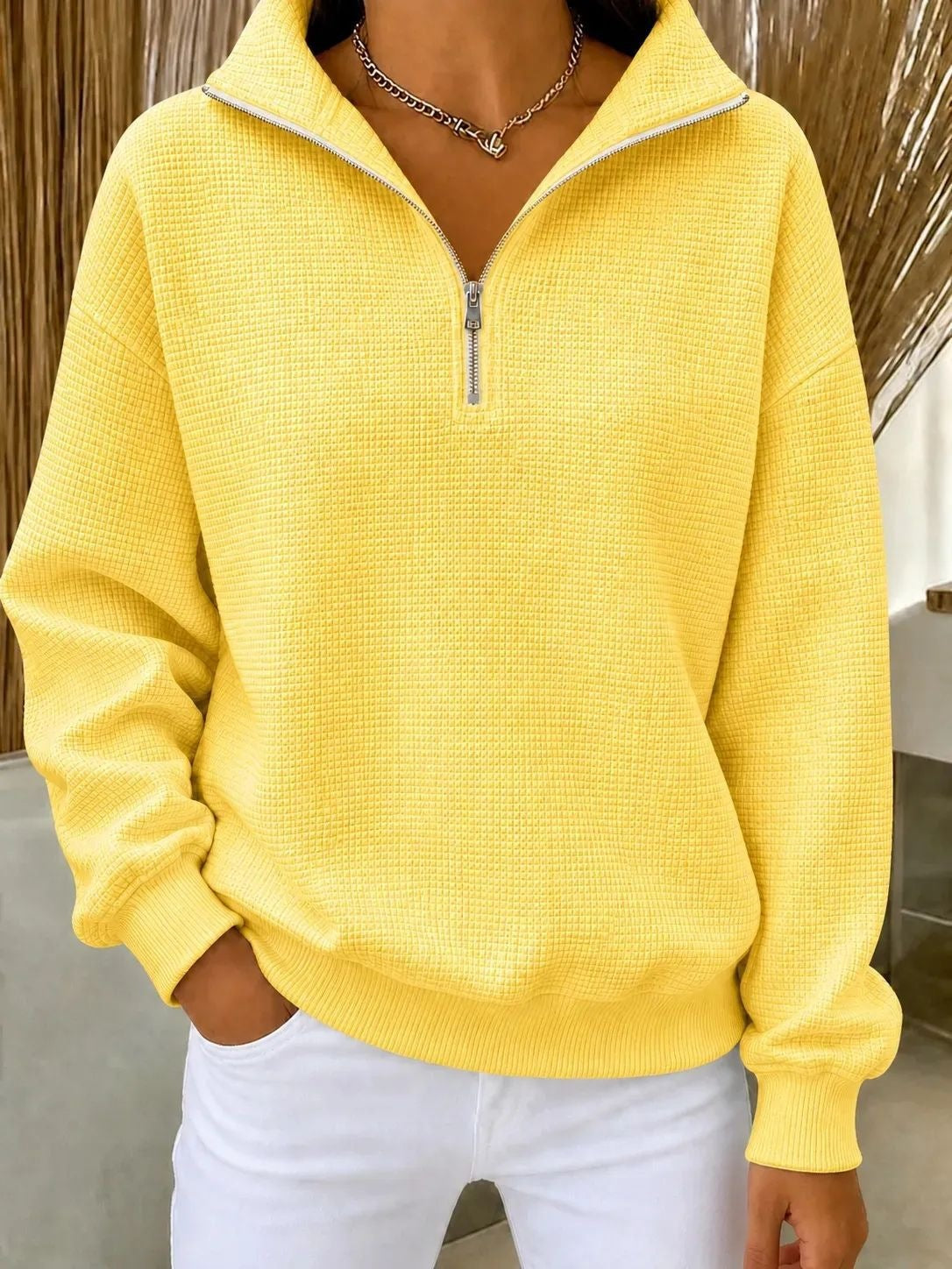 Women's Stand Collar Zip Long Sleeve Waffle Knit Patchwork Sweatshirt