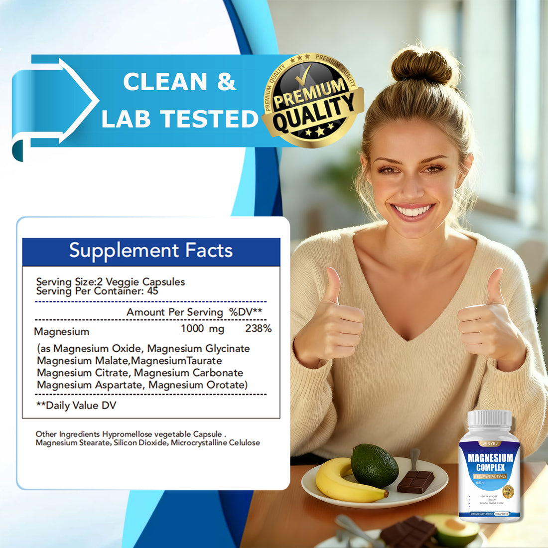 Magnesium glycinate and malate capsules on a counter