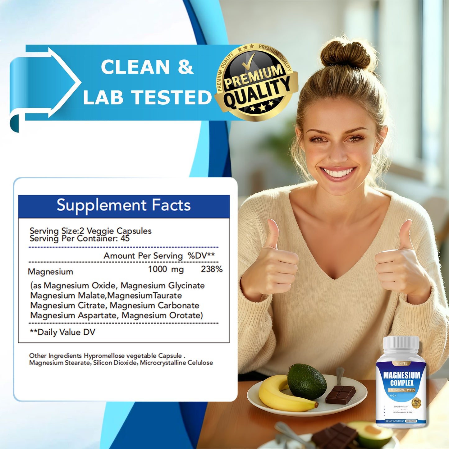 Magnesium glycinate and malate capsules on a counter