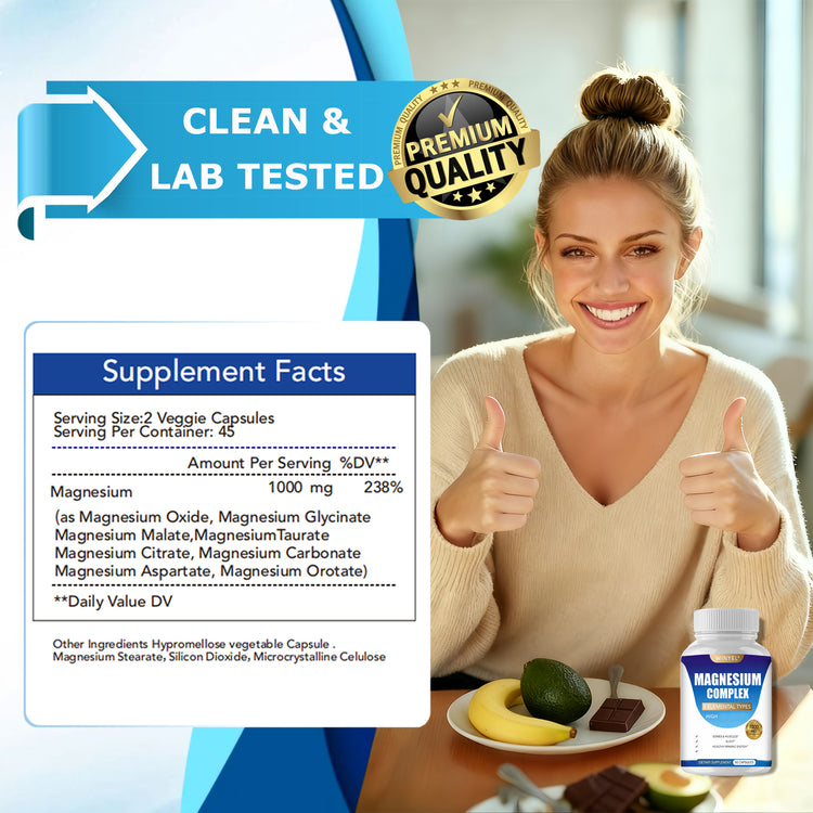 Magnesium glycinate and malate capsules on a counter