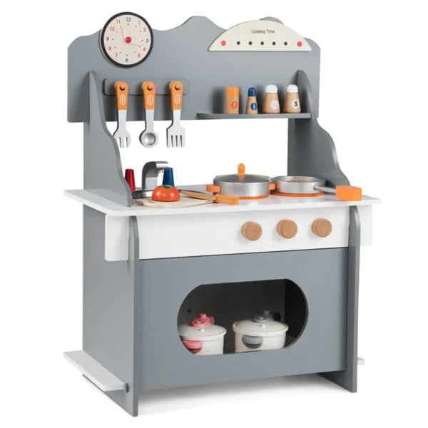 Close up of wooden play kitchen stove knobs and burners