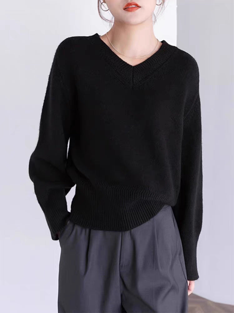 Women V-Neck Solid Color Long Sleeve Sweater Loose Fit Pullover