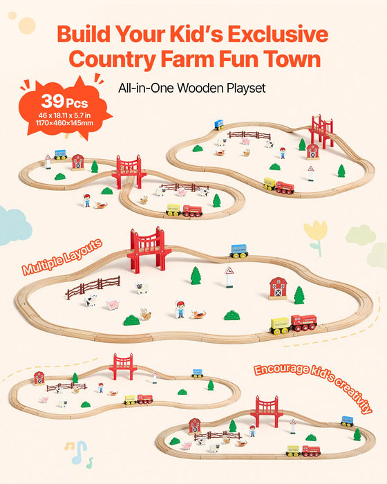 Wooden train track layout ideas for the 39-piece farm town set