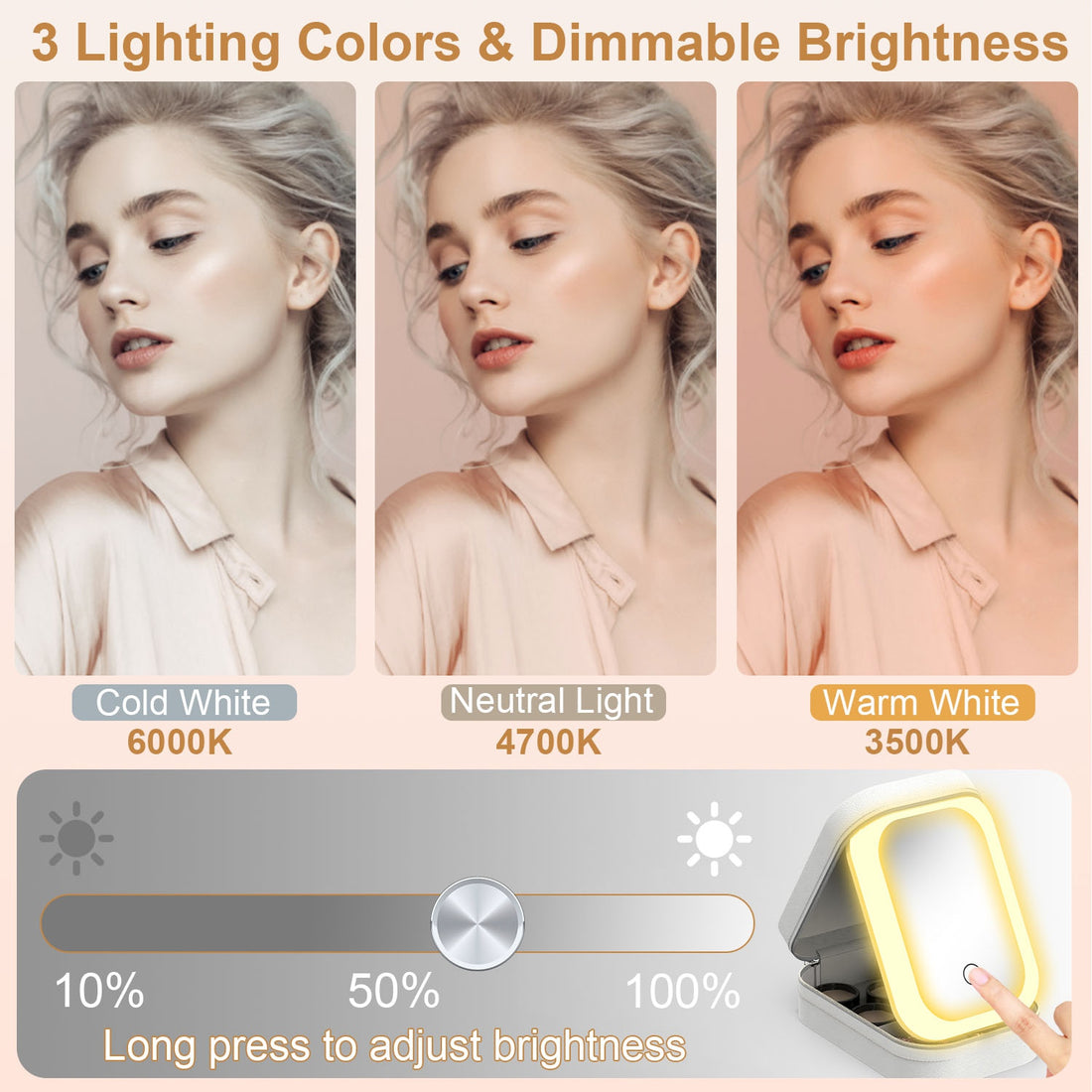 LED mirror makeup bag with three lighting colors and dimmable brightness