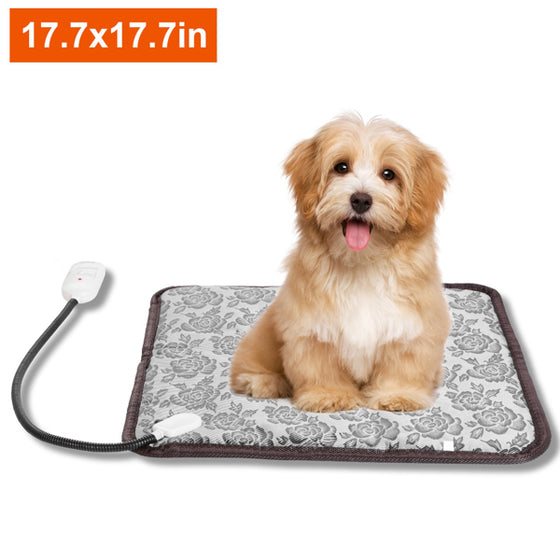 Puppy lying on a 17.7 x 17.7 inch gray floral pet heating pad