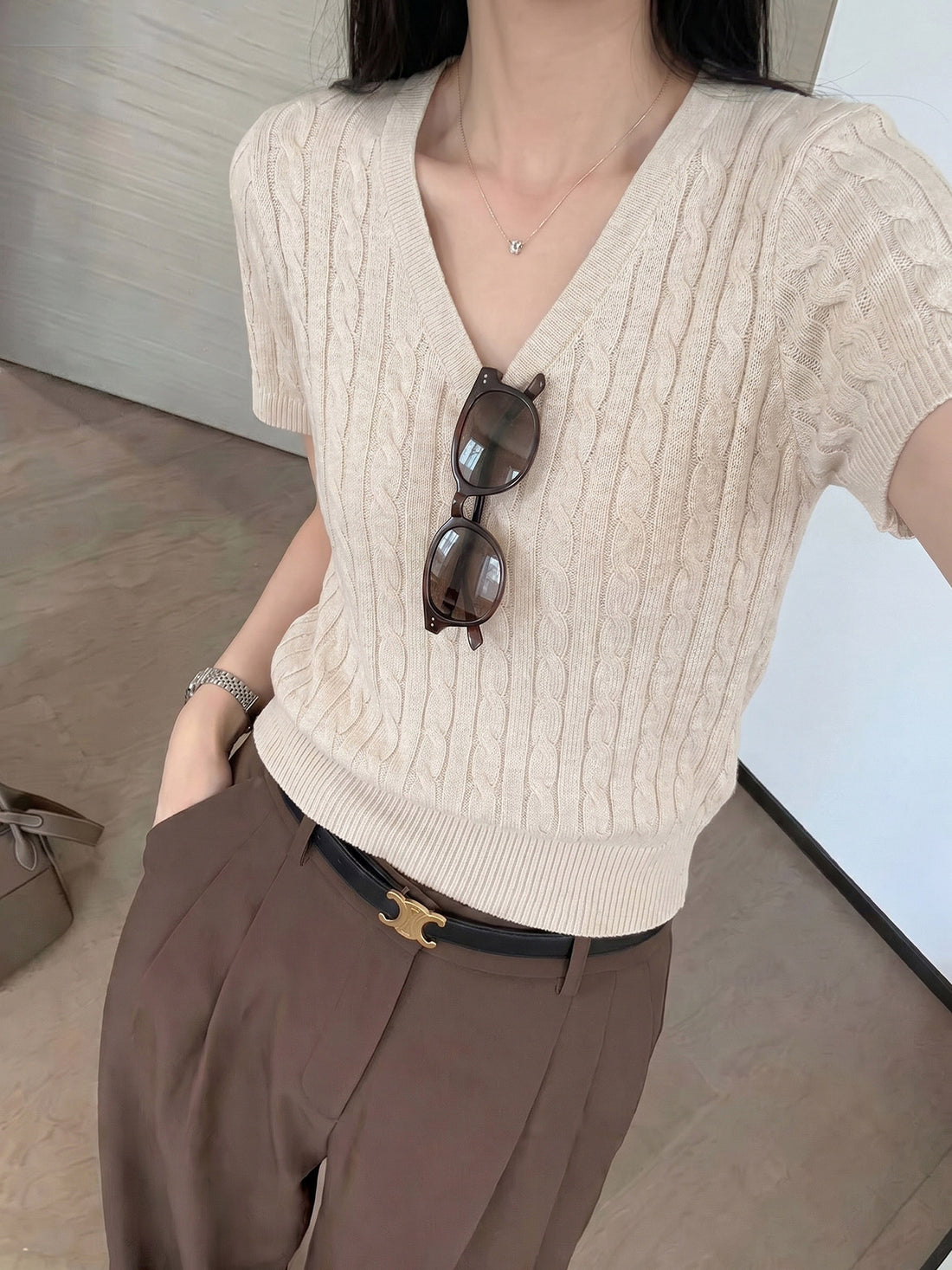 Women V-Neck Twist Knit Short Sleeve Slim Fit Summer Top