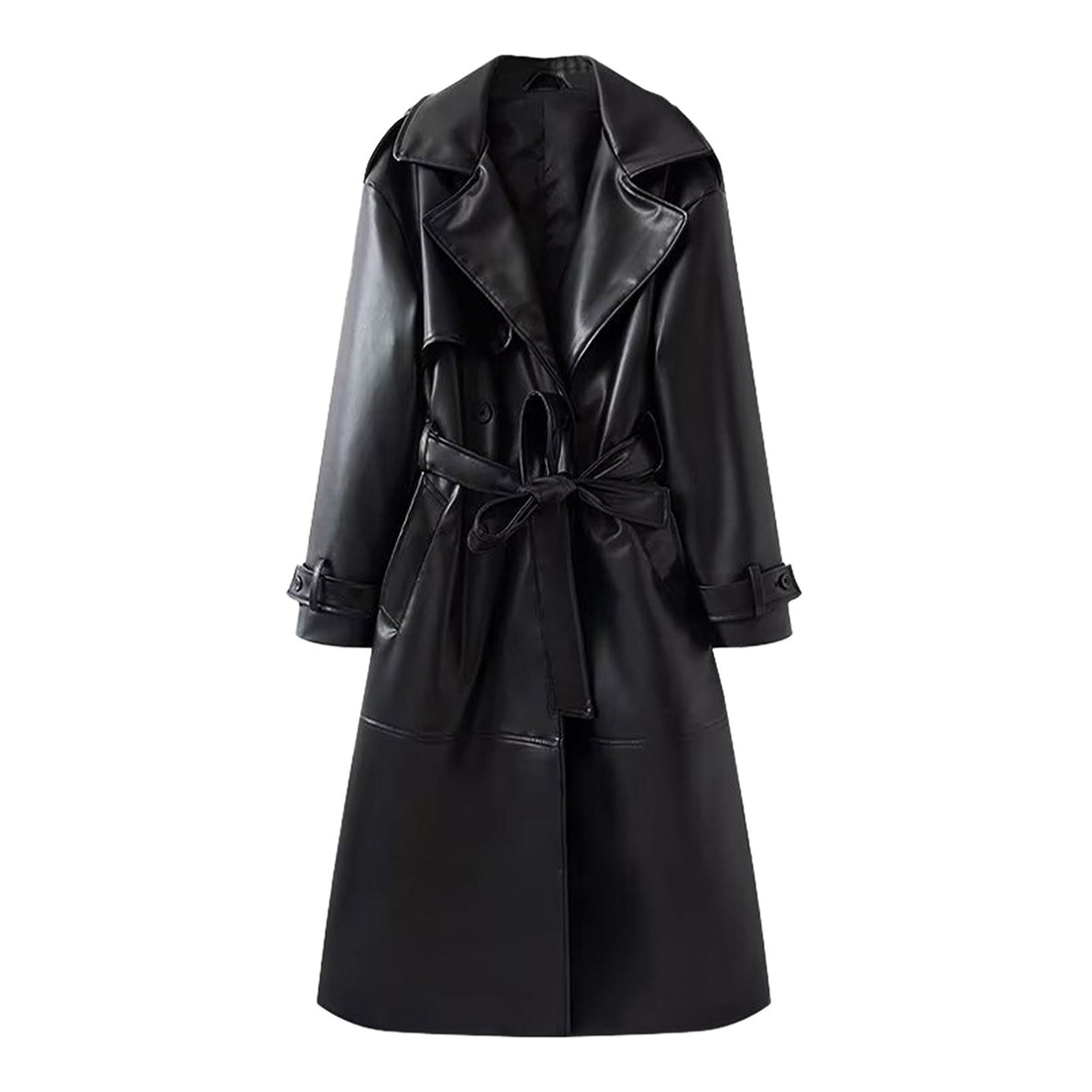 Women's long PU leather trench coat with belt and lapel collar, photo 7