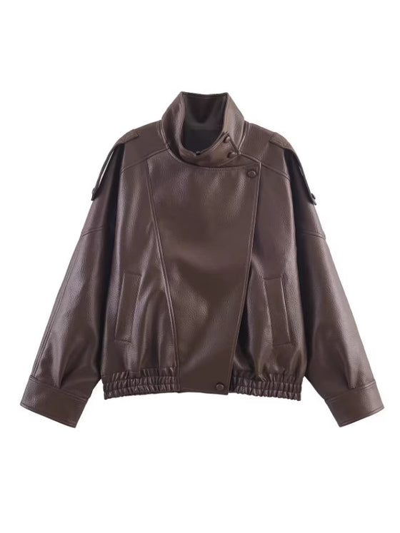 Dark brown retro leather jacket with an elastic hem