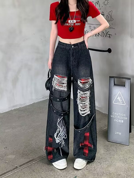 Womens Punk Style Retro Distressed Ripped Wide Leg Jeans