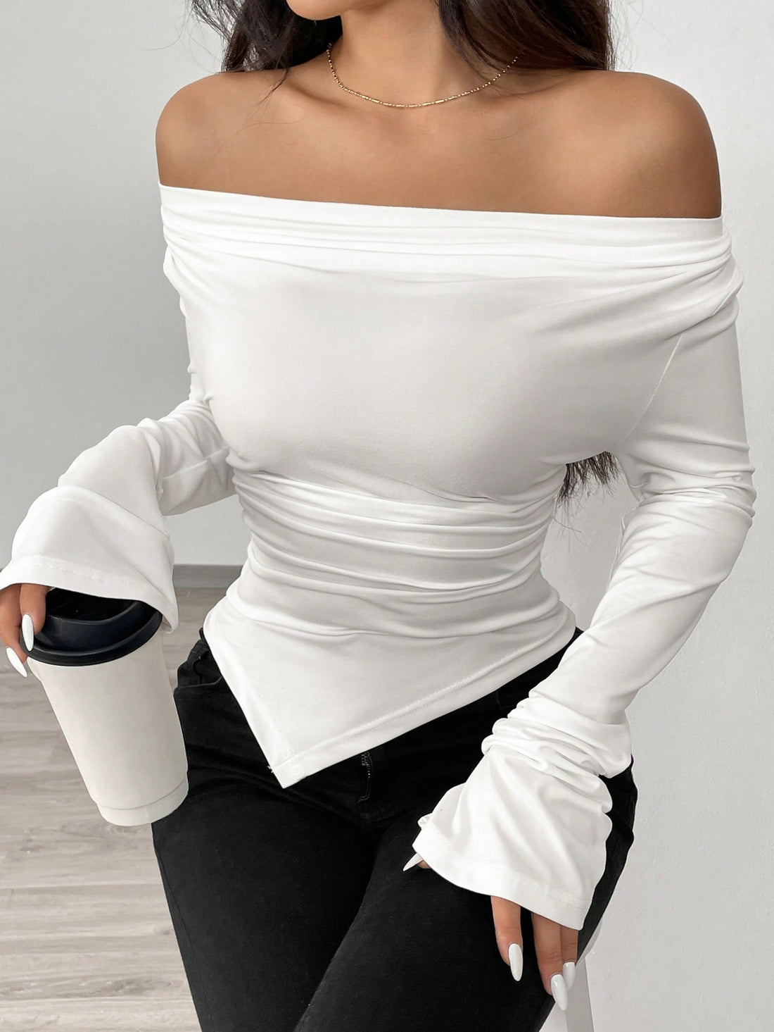 Women's off-shoulder ruched slim fit long sleeve knit top, photo 4