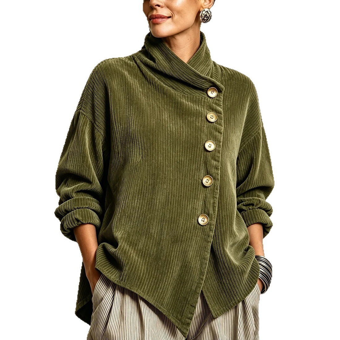 retro French-style, relaxed fit, loose high-neck, asymmetrical corduroy top