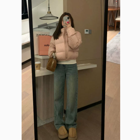 Womens Short Stand Collar Cotton Padded Jacket Wool Fur Fill