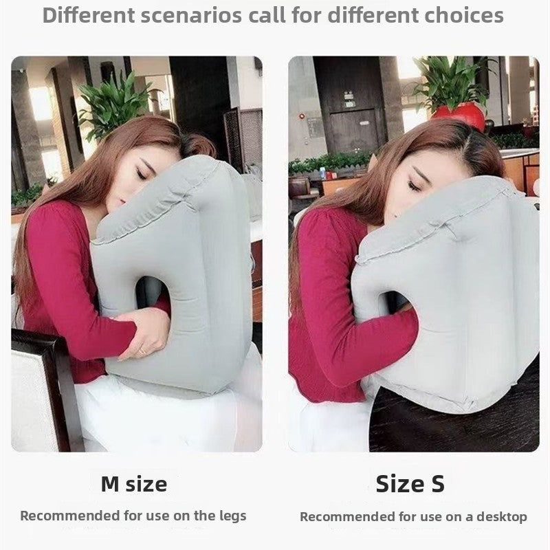 Inflatable Flocking Nap Pillow Hands-Free Travel Office Lying Down Rest Cushion
