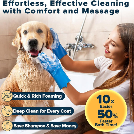 Woman washing a golden retriever in a tub with a silicone grooming glove