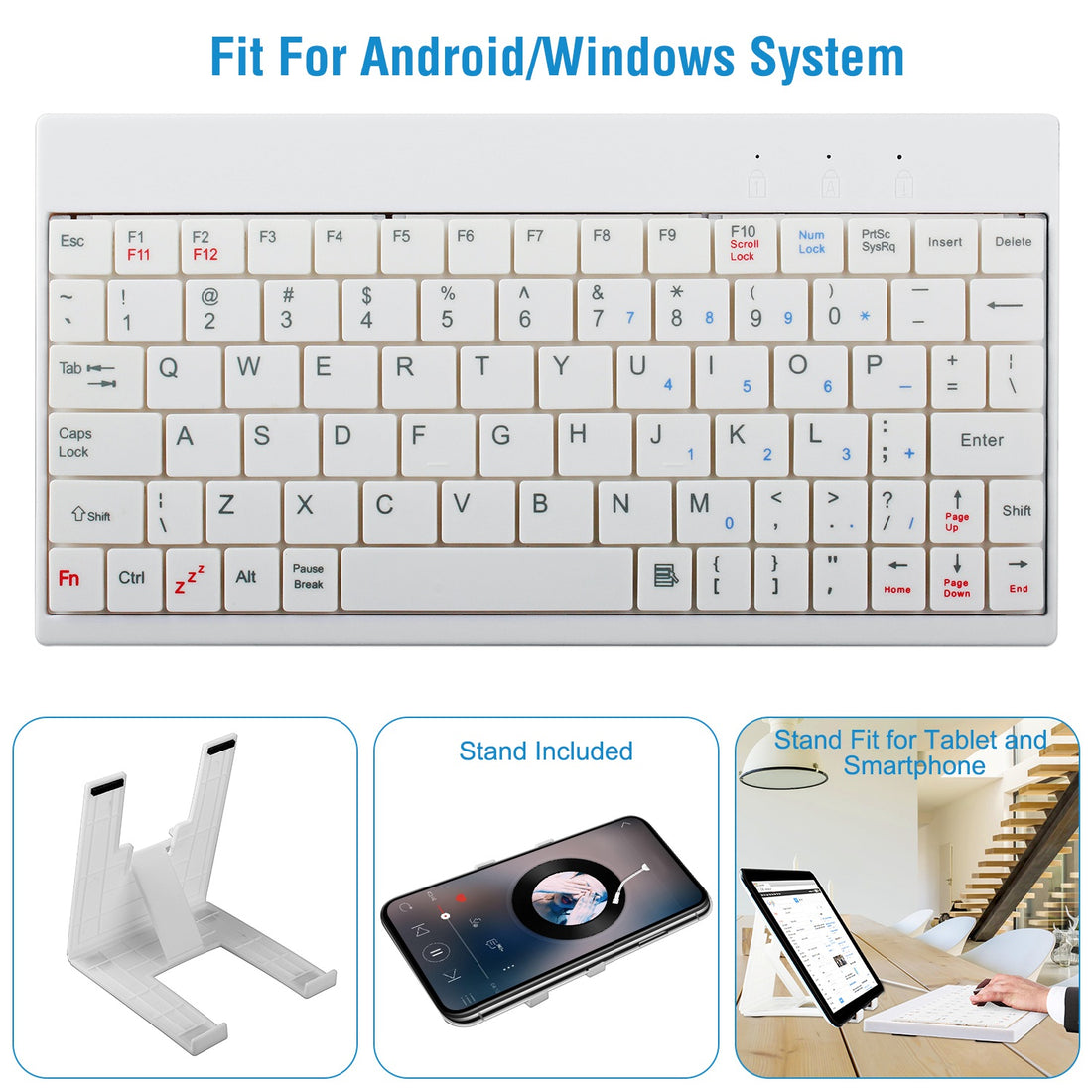 White 80-key mini keyboard with tablet stand and usage photos