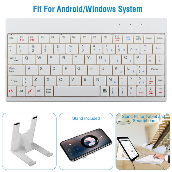 White 80-key mini keyboard with tablet stand and usage photos