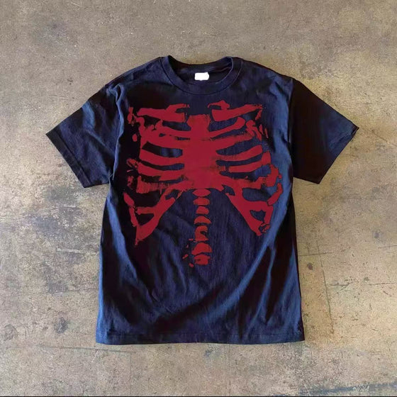 Milk Silk Vintage Black Red Skull Print Dark Gothic Short-sleeved T-shirt