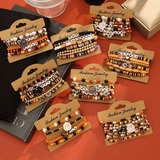 Halloween Orange Pumpkin Skull Bracelet Set