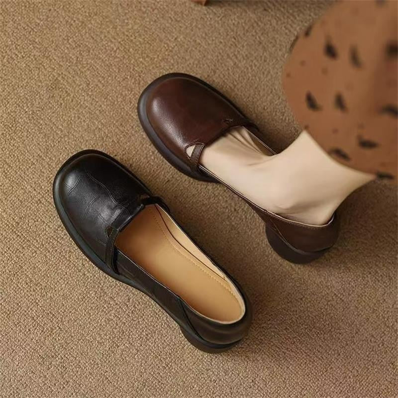 Womens Soft Leather Round Toe Thick Heel Loafers