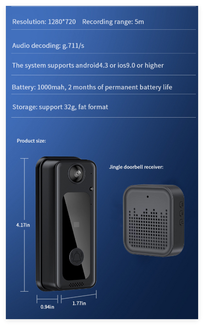 Wireless WiFi Video Doorbell Camera with Chime & Battery