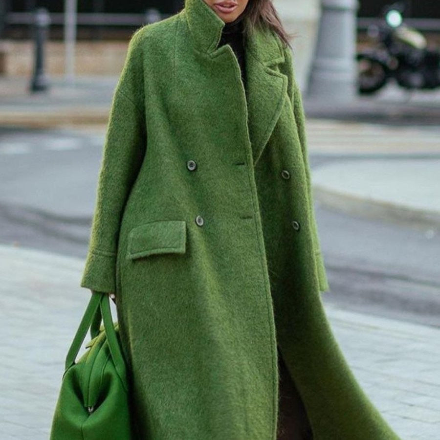 European and American Long Woolen Coat for Autumn and Winter Solid Color Elegant Commuter Wool Green Coat with Belt-Free Lapel