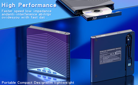 Thin black external disc drive with ports, side view
