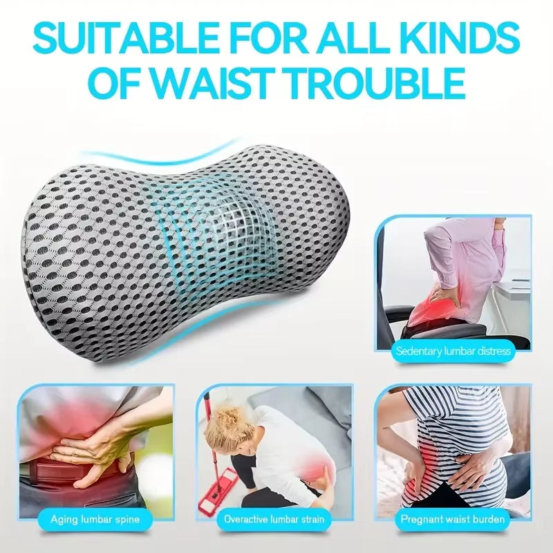 Ergonomic Memory Foam Lumbar Pillow for Back - Medium Soft Knit Fabric Cover, Removable, Ideal for Car Seat, Office Chair