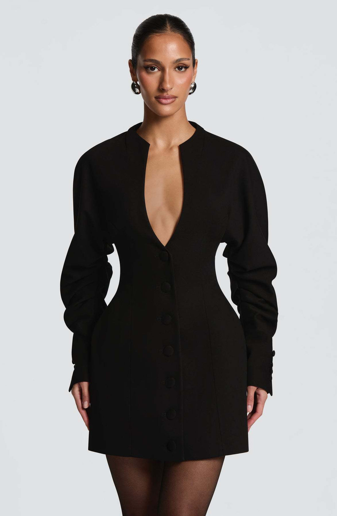 Women's Solid Mid-Length Slim Fit Boucle V-Neck Coat