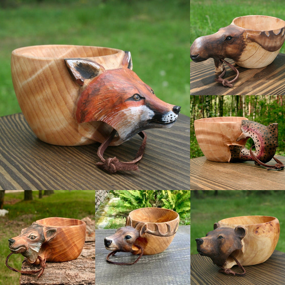 Collage of hand-carved kuksa wooden mugs with fox, bear, boar and deer handles