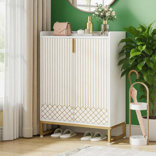 White and gold shoe cabinet in an entryway