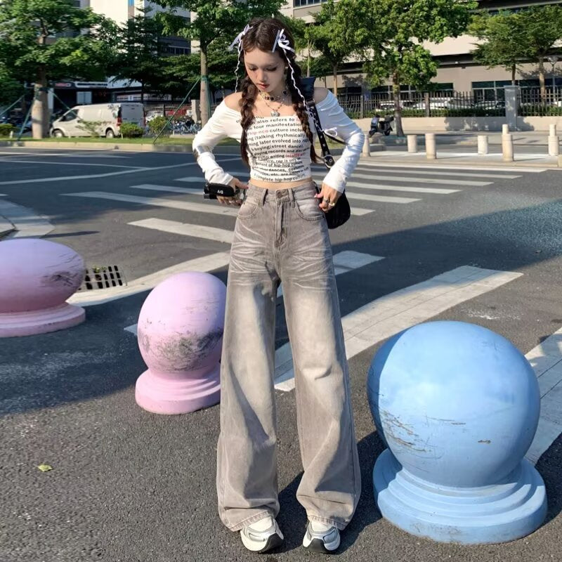 American Retro Loose Fit Wide Leg Denim Pants for Women