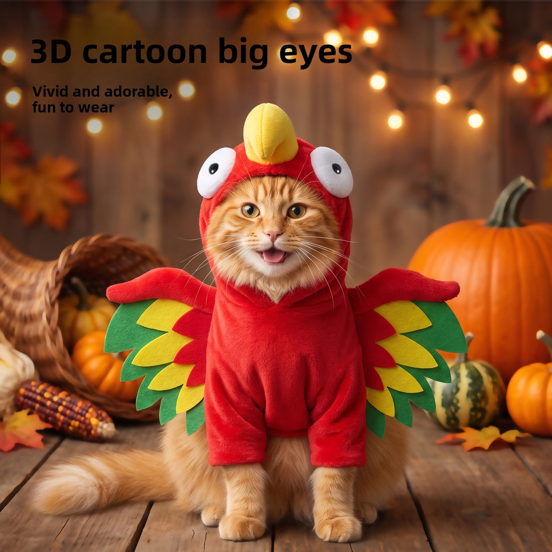 Pet Turkey Costume Vibrant Wings Hooded Transformation Outfit Cat Dog