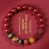 Five-Way Fortune God Cinnabar Bracelet with Beads