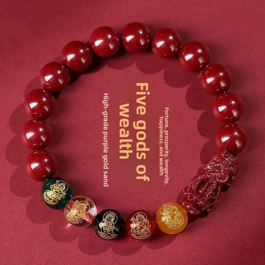 Five-Way Fortune God Cinnabar Bracelet with Beads