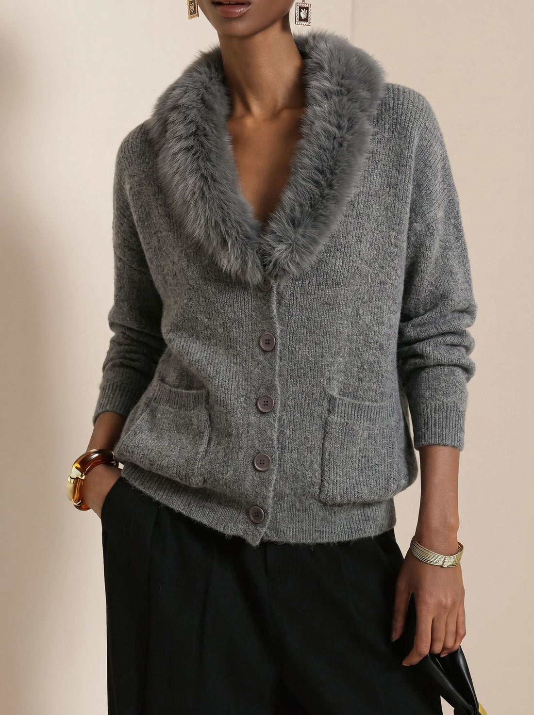Women's Solid Knit Cardigan with Fur Collar Long Sleeve