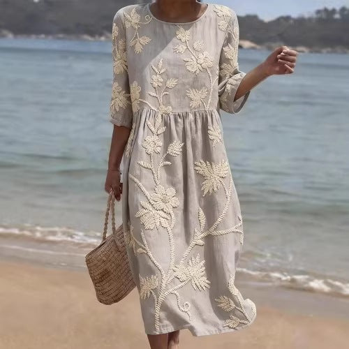 Women's floral print long-sleeved round-neck dress