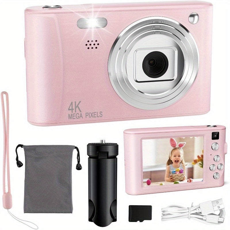 Pink kids digital camera with tripod, carry bag, lanyard, memory card and cable