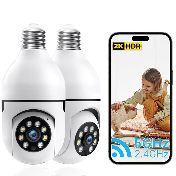 Two white light bulb security cameras with phone app showing a child, 2K and dual-band Wi-Fi
