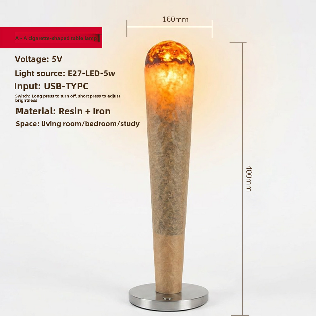Creative Simulated Campfire Table Lamp, USB Powered 3-Color Dimming Torch-Shaped Night Light