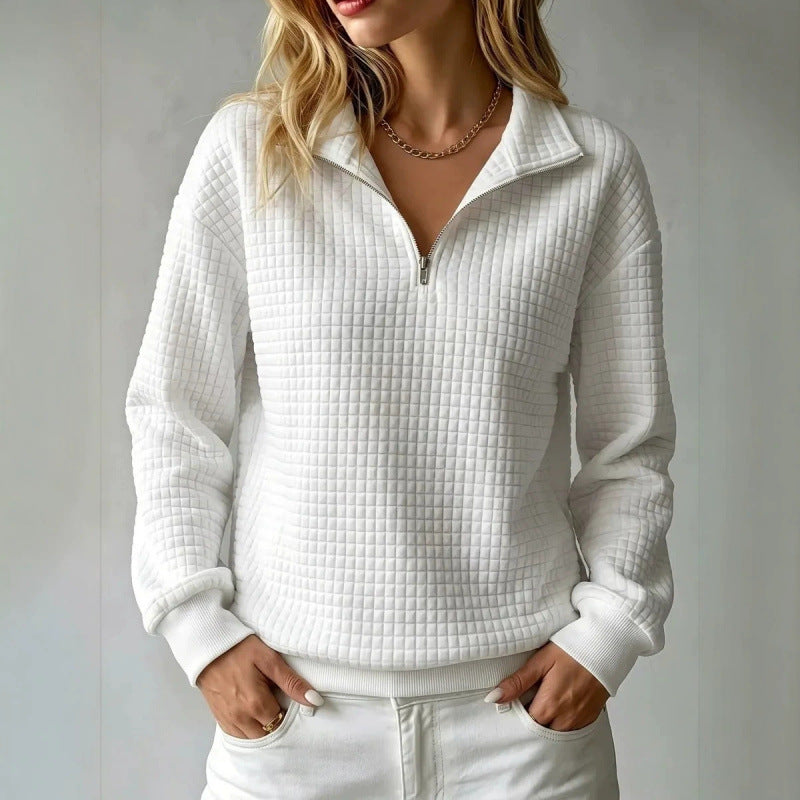 Women's Solid Color Waffle Knit Stand Collar Zipper Long Sleeve Loose Sweatshirt