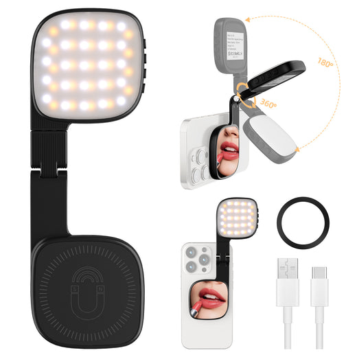 Magnetic clip-on phone selfie light with mirror