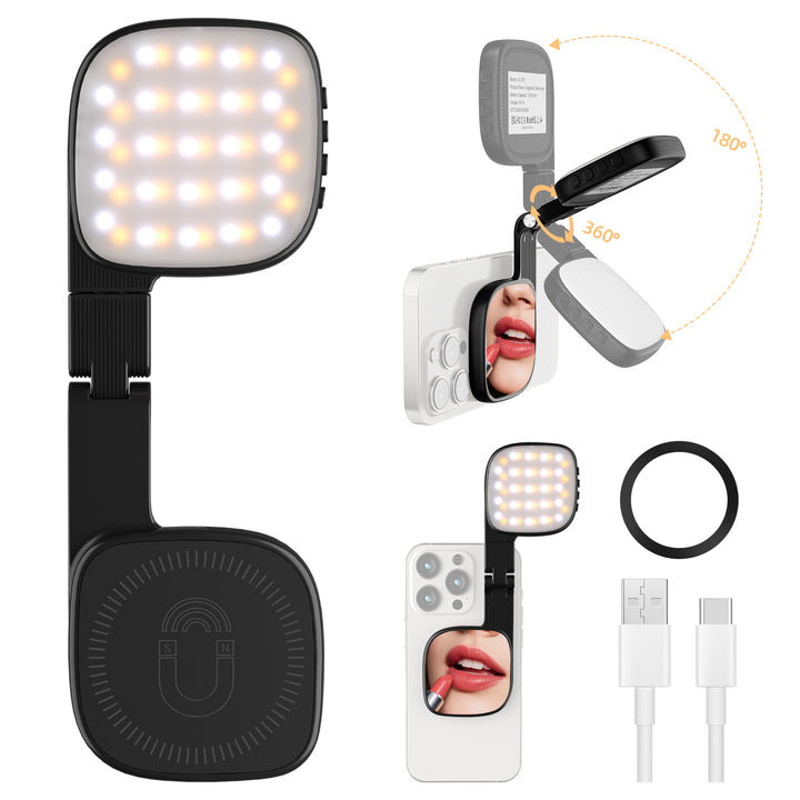 Magnetic clip-on phone selfie light with mirror