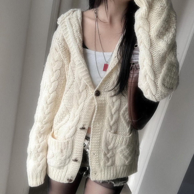 Women's white loose twist-knit hooded cardigan with pockets, photo 2